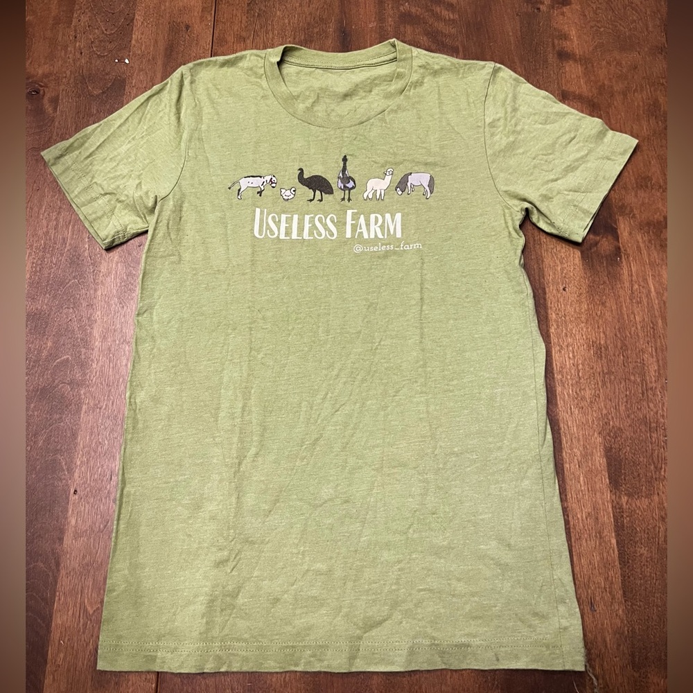 Useless Farm women's size small green farm animals t shirt.